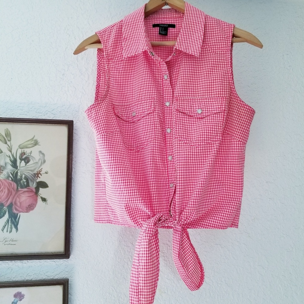 Red gingham sleeveless tie front top